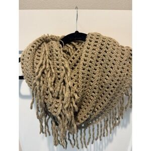 Boho Cottage Beige Crochet Fringe Scarf Wrap Open Knit Neutral Acrylic